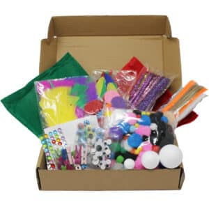 Box of feathers, wiggly eyes, pipe cleaners, pom poms crafts