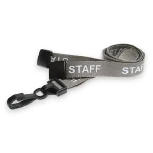 A grey fabric lanyard with the word staff printed in white text