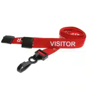 Red lanyard with white text saying visitor