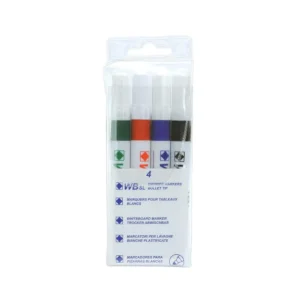 a pack of 4 dry wipe markers in green red blue and black